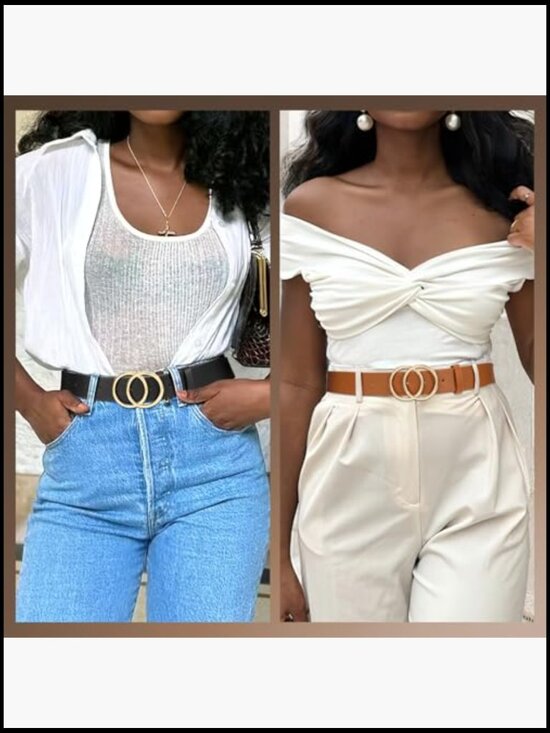Women\'s Faux Leather Double O Ring Buckle Jeans Belt main image 5